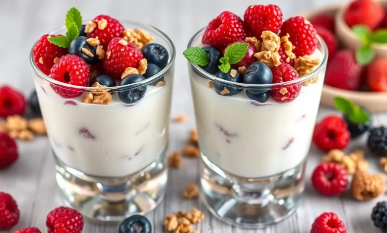 Taças de Iogurte Grego com Frutas Vermelhas e Granola Crocante