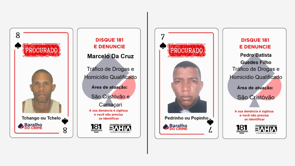 Baralho do Crime inclui dois novos foragidos por tráfico e homicídio na Bahia